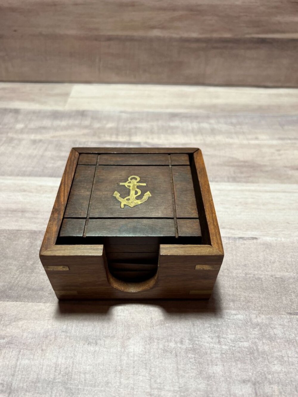 Nautical Set Of 6 Wooden Coasters With Gold Anchor Design & Storage Box